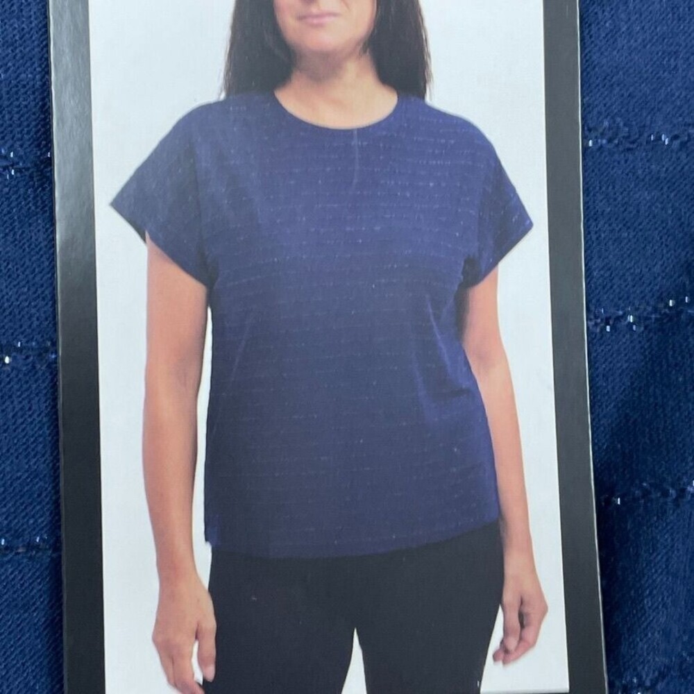 💥 Ellen Tracy Womens Blue Glitter Stripe Short Sleeve Top Size L d0307 - Picture 2 of 8